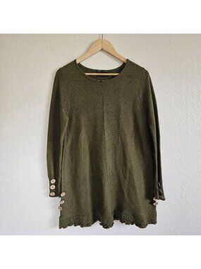 Womens Charlie Paige Olive Green Knit Tunic Button Accents Scalloped Hem Sz S/M